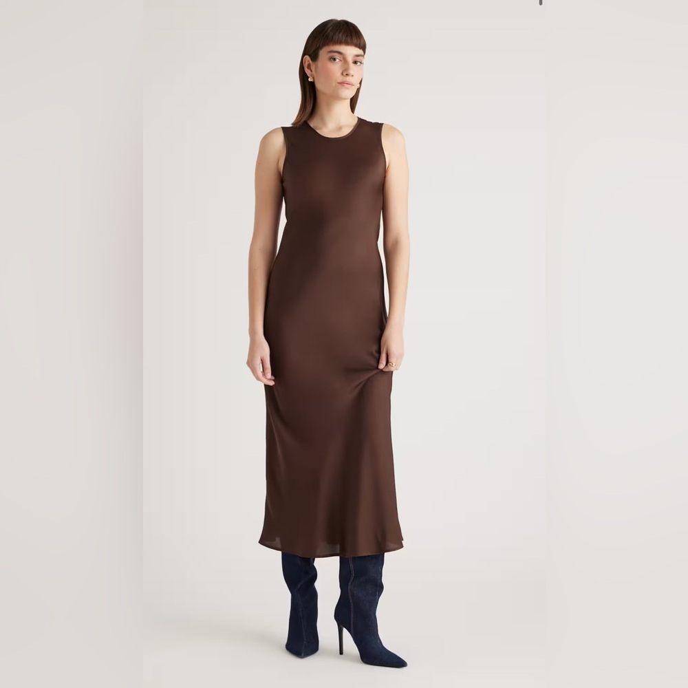 Quince Washable Stretch Silk Tank Midi Dress Hot Fudge L
